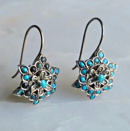 Antique Austro-Hungarian Silver, Turquoise and Pearl Star Earrings