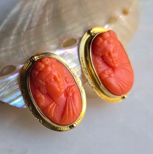 Antique Georgian Carved Coral Cameo Earrings