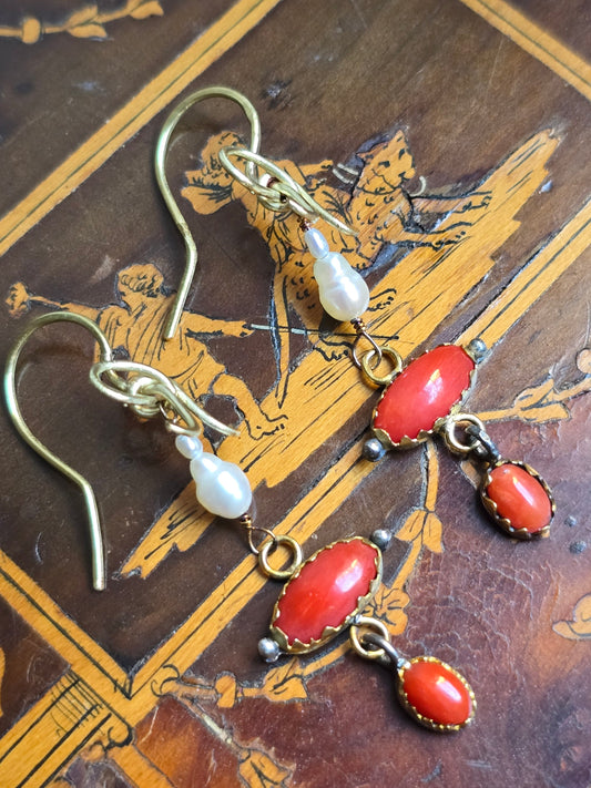 Eugenie Vintage Mediterranean Coral and Freshwater Pearl Bow Earrings