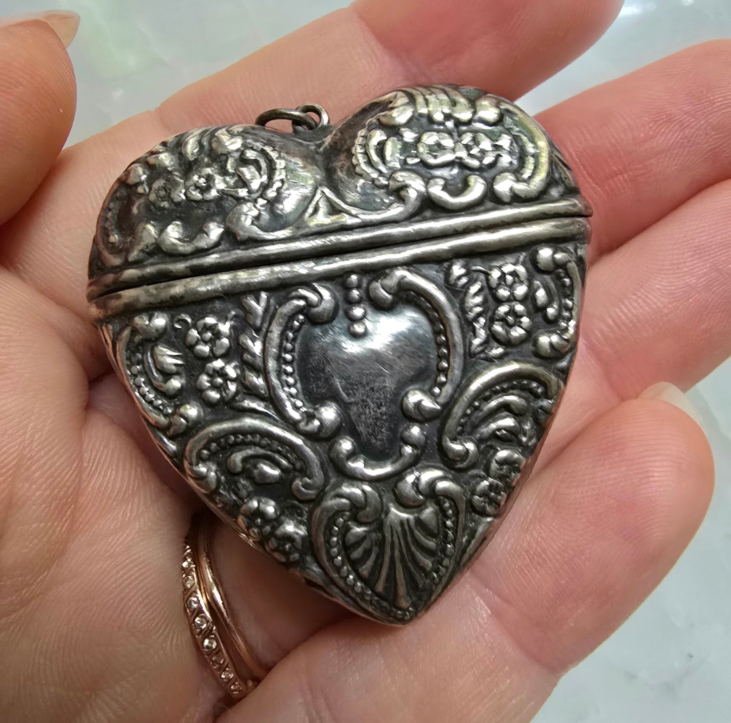 Antique Silver Repousse Heart Keepsake Pendant