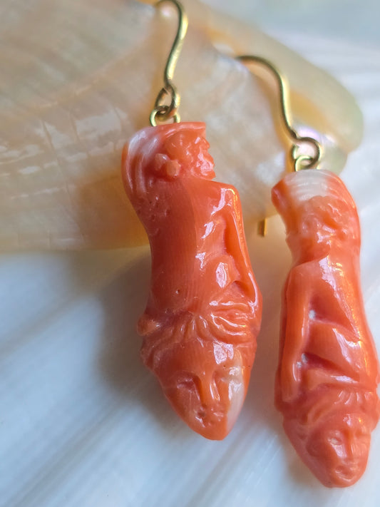 Antique Carved Coral Sphinx and Mask Earrings