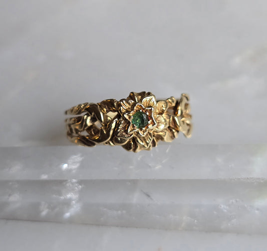 Vintage Turkish 14k Floral Emerald Puzzle Ring