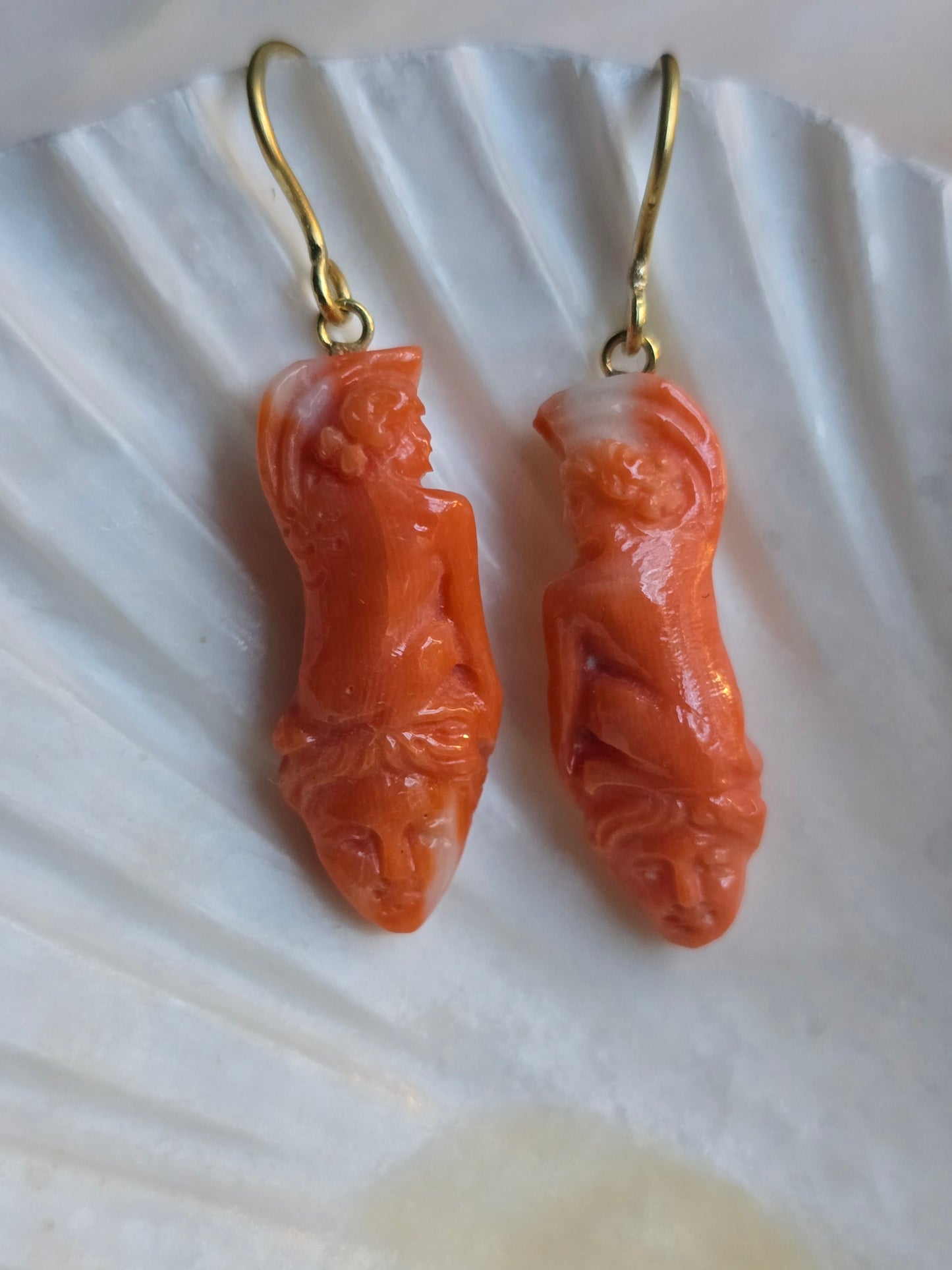 Antique Carved Coral Sphinx and Mask Earrings