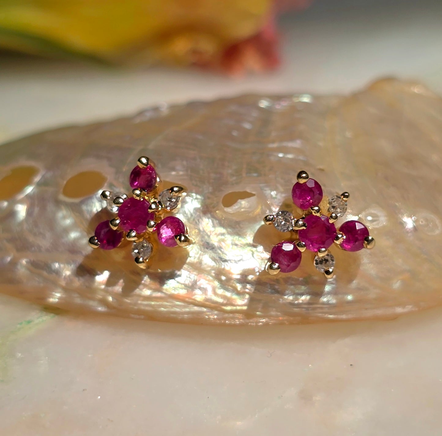 Vintage Ruby and Diamond Blossom Earrings