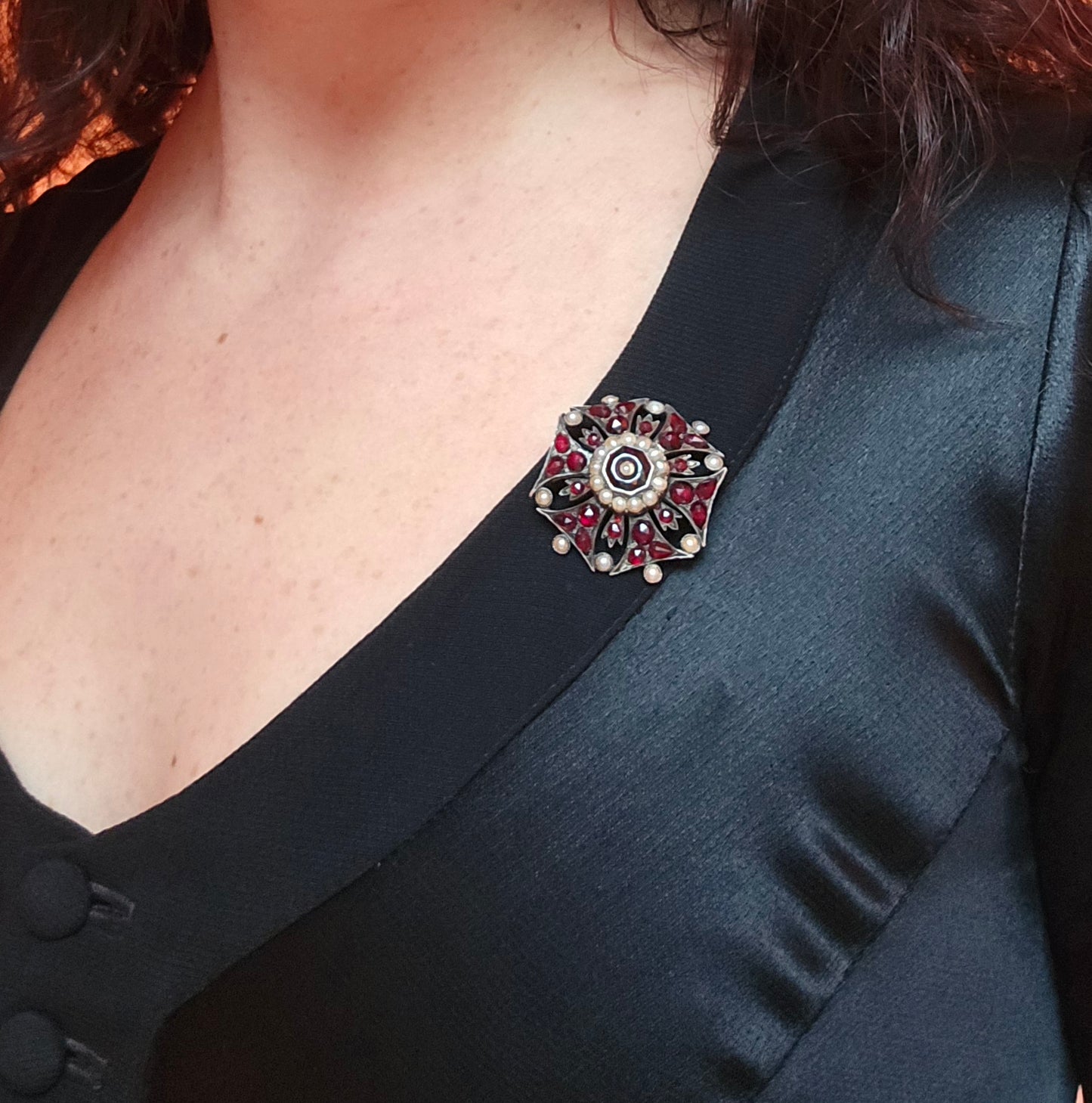 Antique Victorian Gothic Revival Bohemian Garnet and Pearl Pin