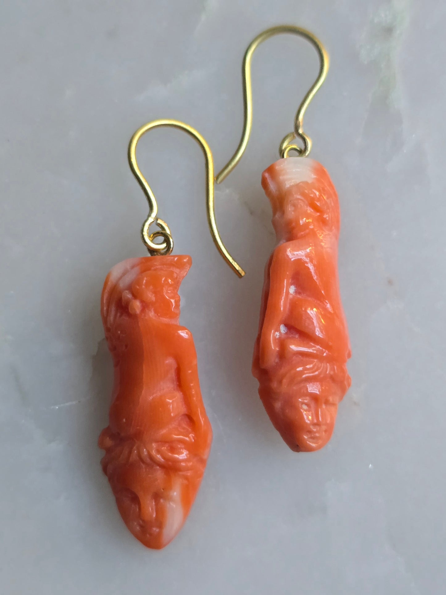 Antique Carved Coral Sphinx and Mask Earrings
