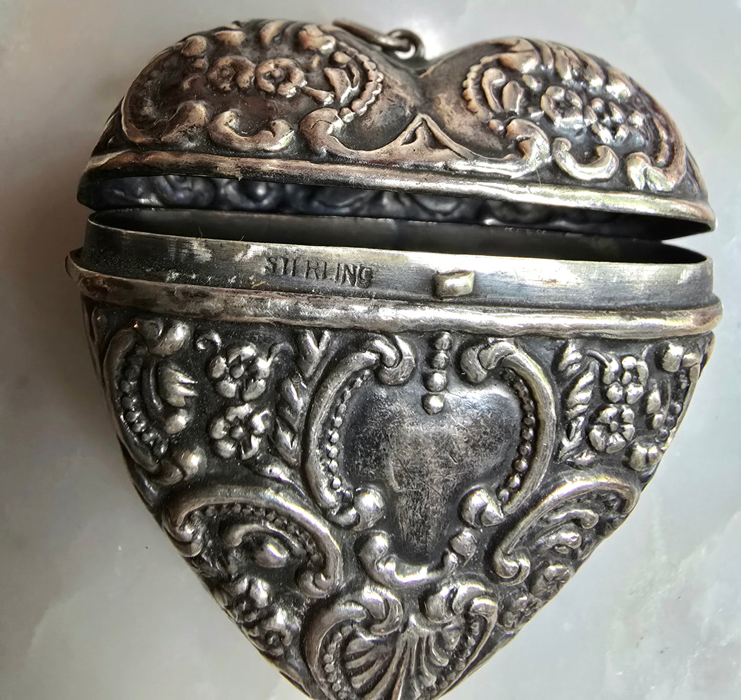 Antique Silver Repousse Heart Keepsake Pendant