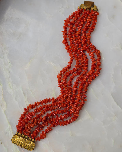 Antique Georgian Six Strand Carved Coral "Rolling Pin" Bracelet