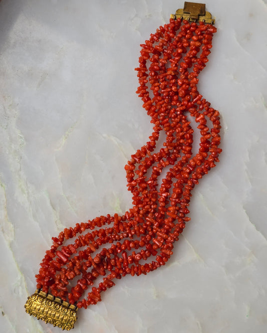 Antique Georgian Six Strand Carved Coral "Rolling Pin" Bracelet