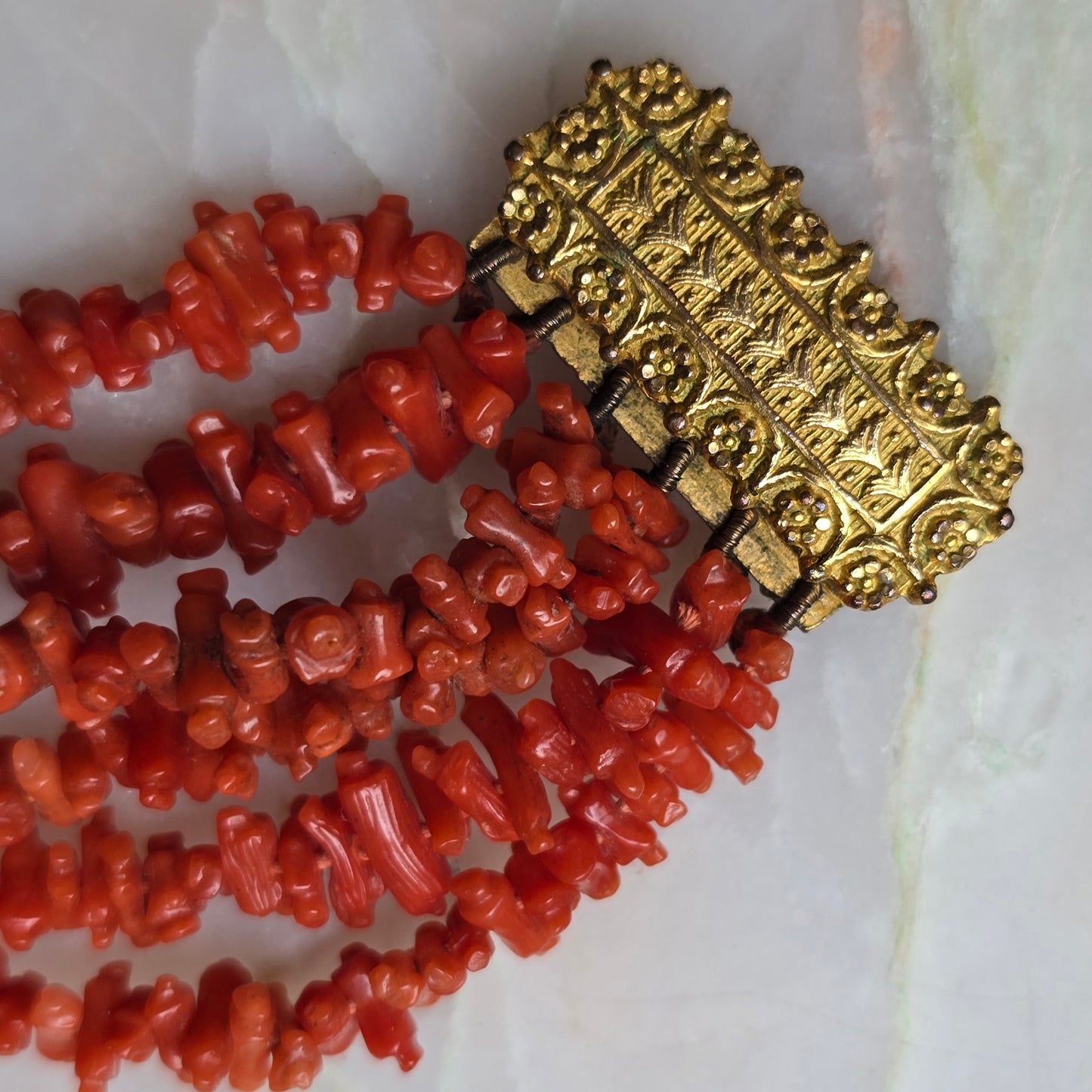 Antique Georgian Six Strand Carved Coral "Rolling Pin" Bracelet