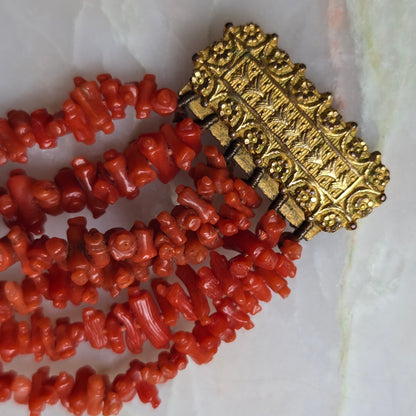 Antique Georgian Six Strand Carved Coral "Rolling Pin" Bracelet
