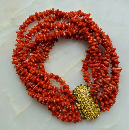 Antique Georgian Six Strand Carved Coral "Rolling Pin" Bracelet