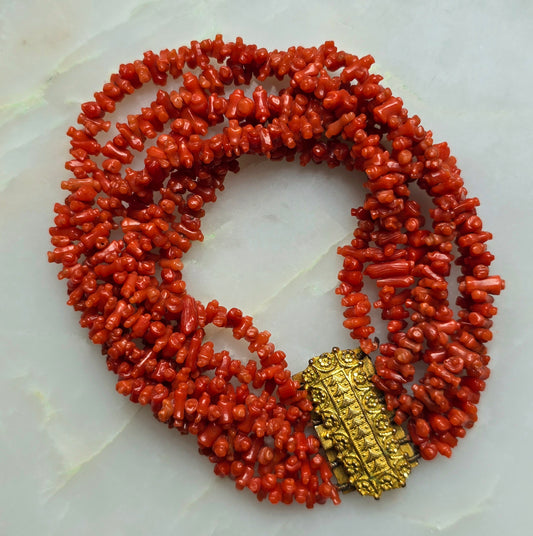 Antique Georgian Six Strand Carved Coral "Rolling Pin" Bracelet