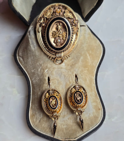 Antique Victorian Enameled Mourning Demi-Parure
