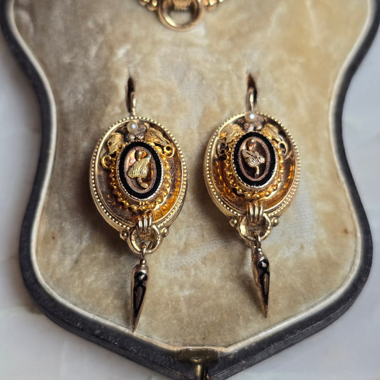 Antique Victorian Enameled Mourning Demi-Parure