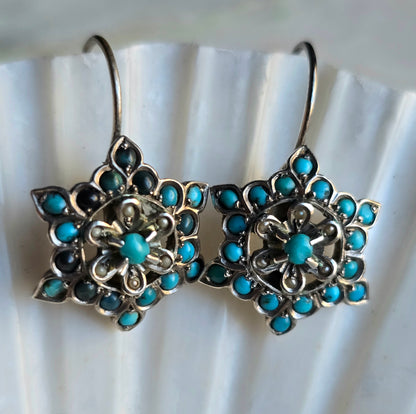 Antique Austro-Hungarian Silver, Turquoise and Pearl Star Earrings