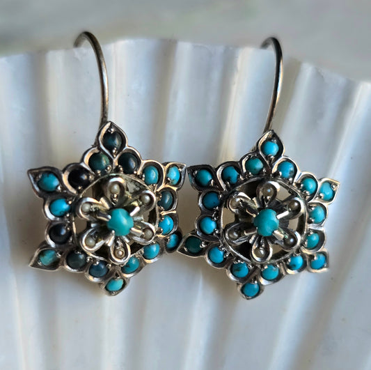 Antique Austro-Hungarian Silver, Turquoise and Pearl Star Earrings