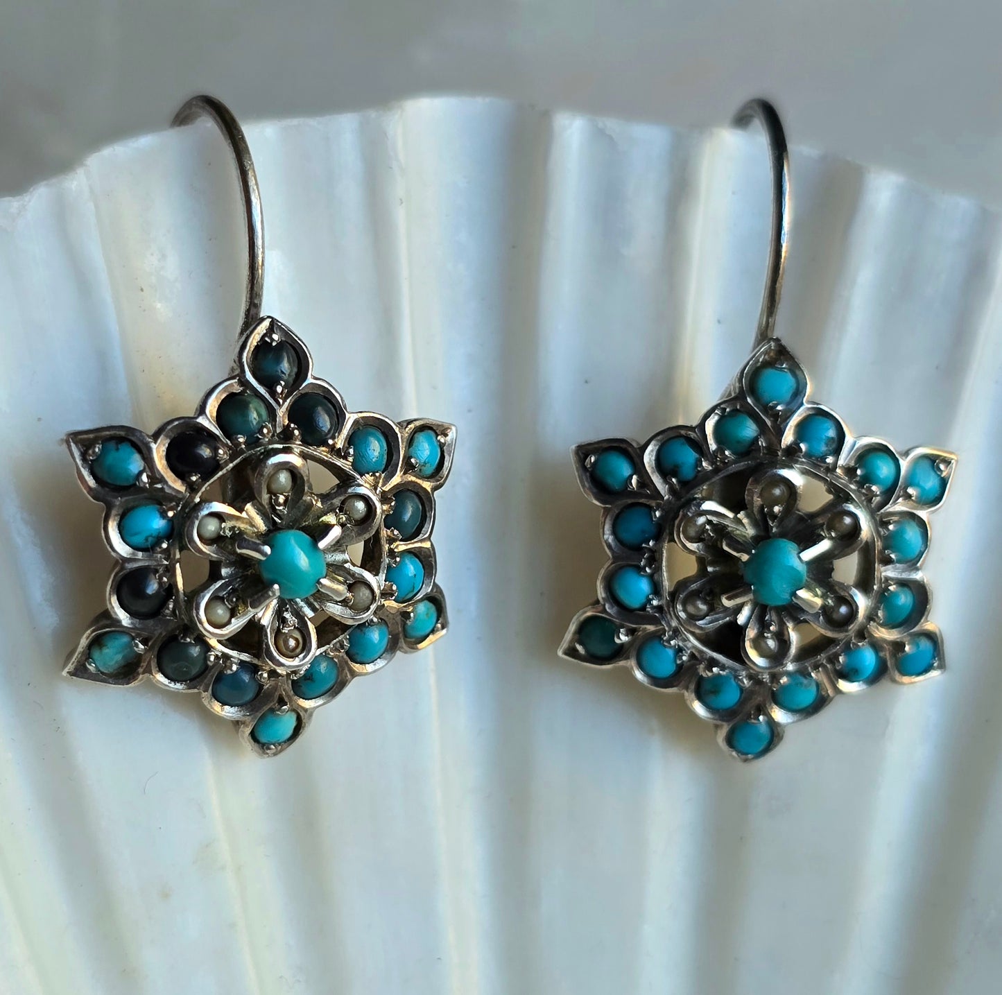 Antique Austro-Hungarian Silver, Turquoise and Pearl Star Earrings