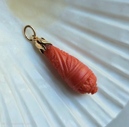 Antique Victorian Carved Coral Drop Pendant
