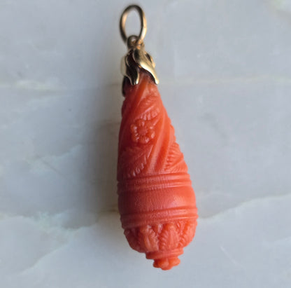 Antique Victorian Carved Coral Drop Pendant
