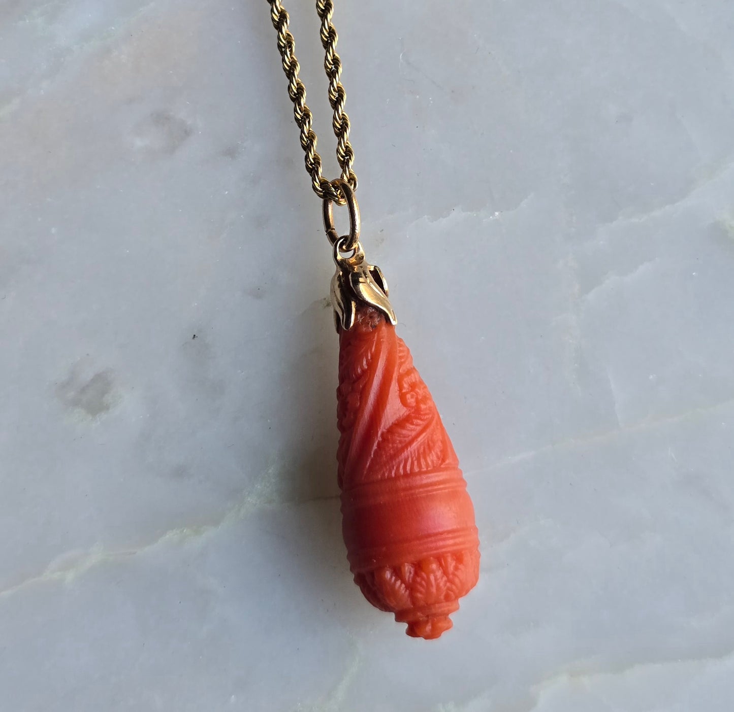 Antique Victorian Carved Coral Drop Pendant