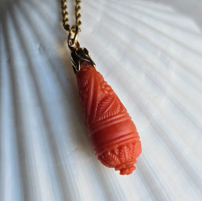 Antique Victorian Carved Coral Drop Pendant