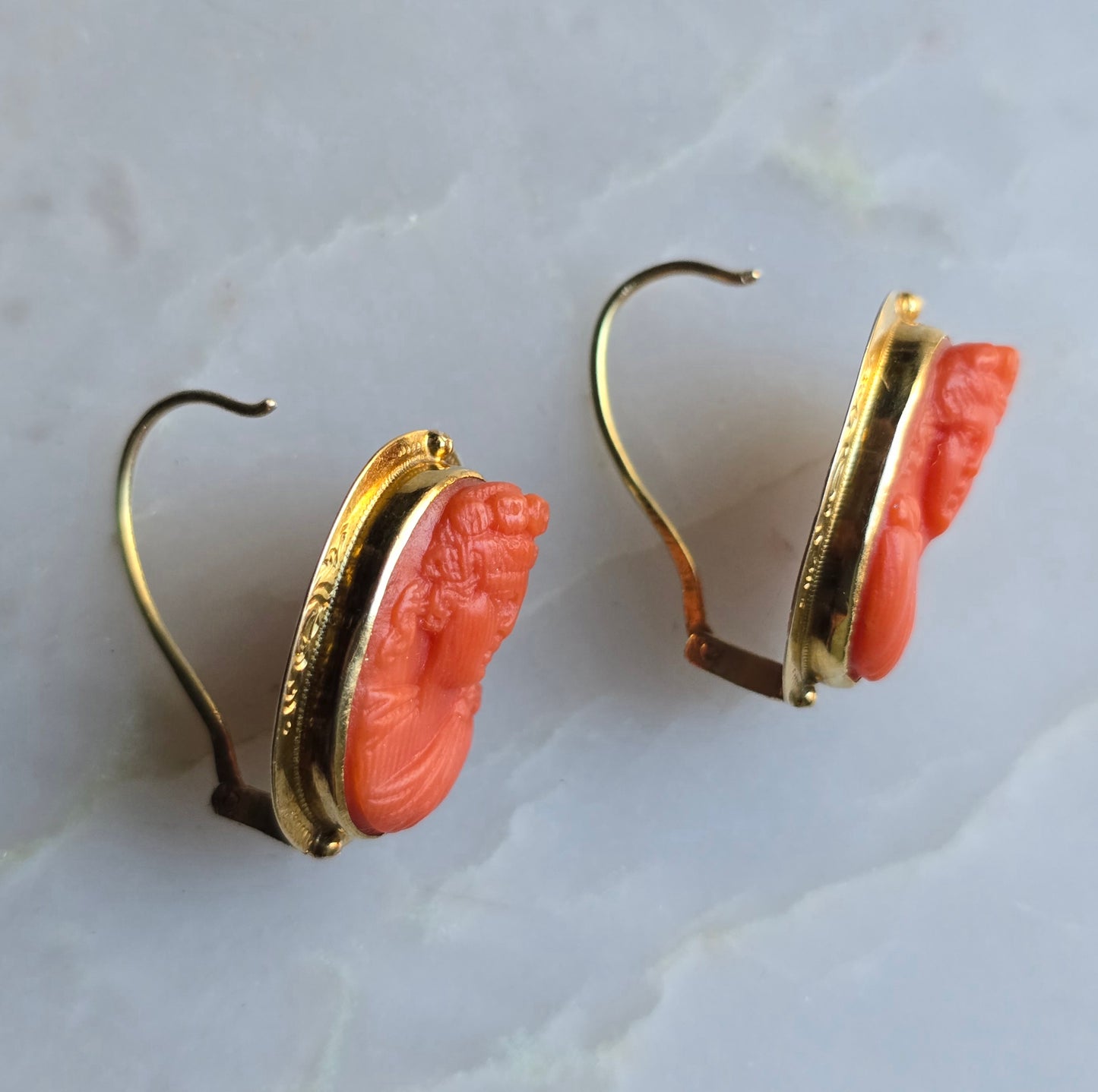 Antique Georgian Carved Coral Cameo Earrings