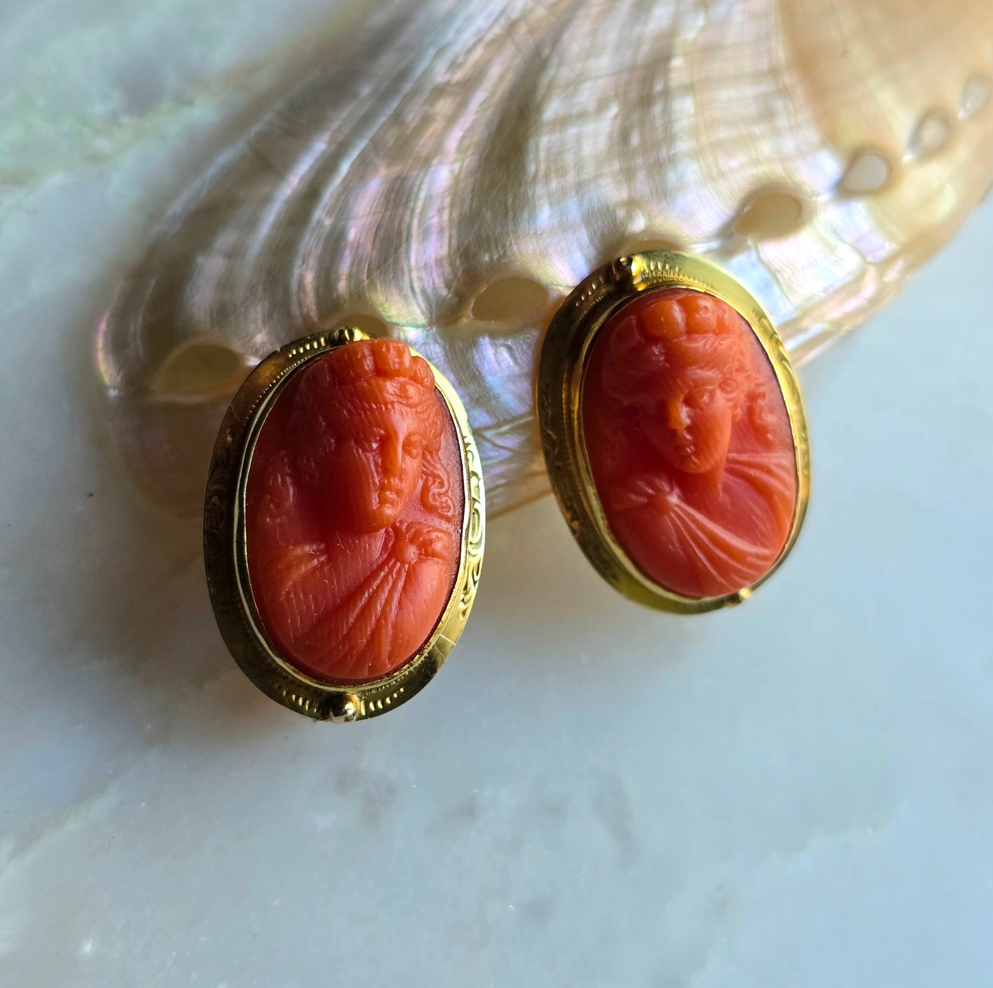 Antique Georgian Carved Coral Cameo Earrings
