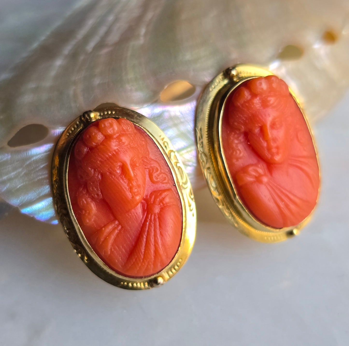 Antique Georgian Carved Coral Cameo Earrings