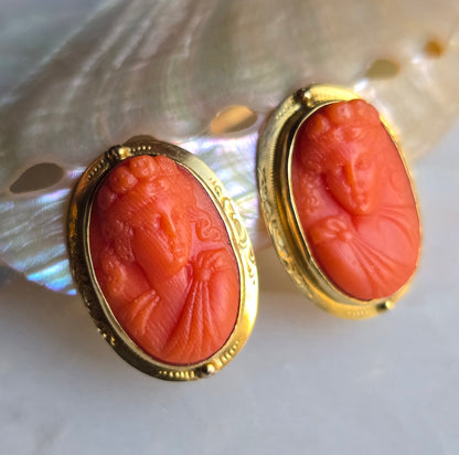 Antique Georgian Carved Coral Cameo Earrings