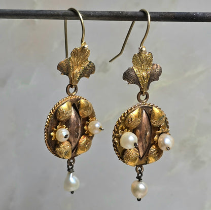 Antique Victorian Two Tone Gold Pearl Earrings