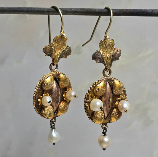 Antique Victorian Two Tone Gold Pearl Earrings