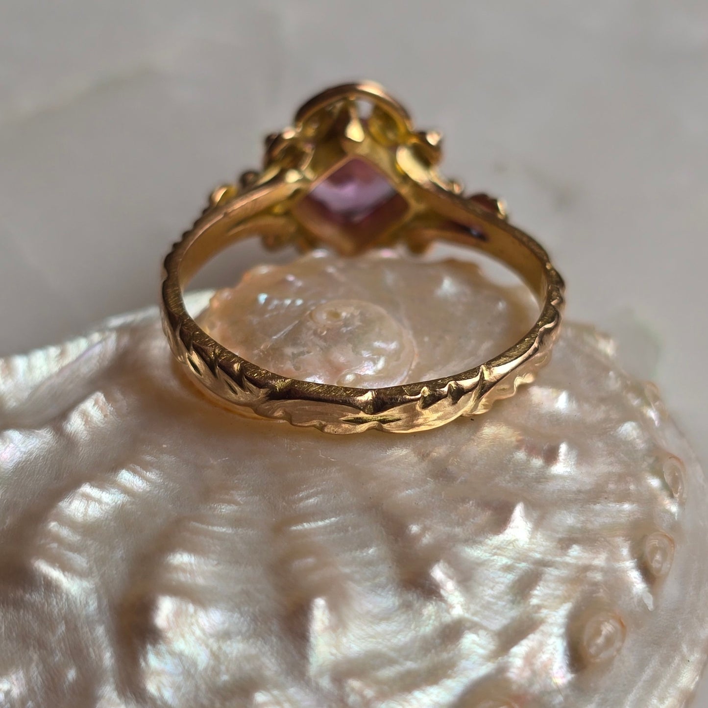 Contessa Color Change Pink/Lilac and Blue Sapphire Princess Ring in 18k Peach Gold