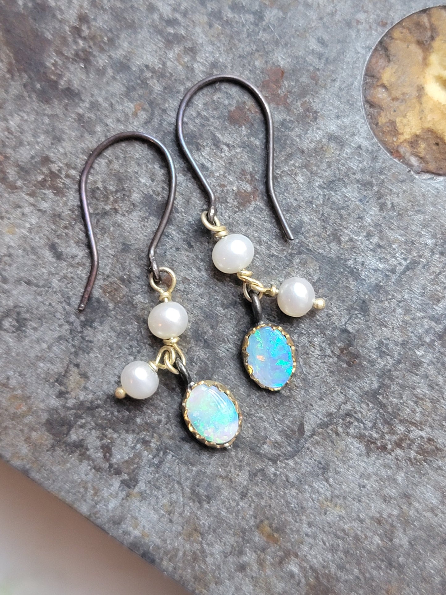 Mermaid Grotto Antique Pearl and Vintage Opal Earrings