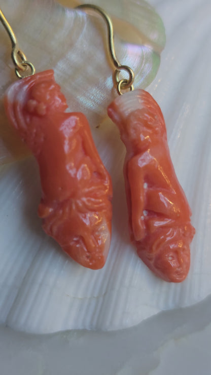 Antique Carved Coral Sphinx and Mask Earrings