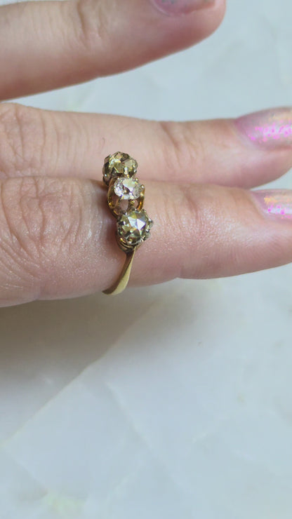 Antique Yellow Rose Cut and Old European Cut Diamond Trilogy Ring
