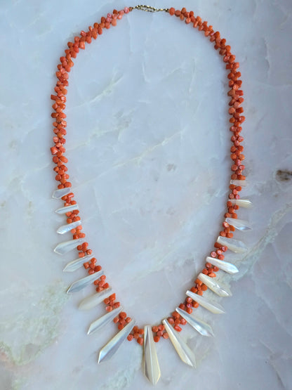 Antique Victorian Mediterranean Coral and Mother of Pearl "Pickets and Berries" Necklace