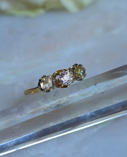 Antique Yellow Rose Cut and Old European Cut Diamond Trilogy Ring
