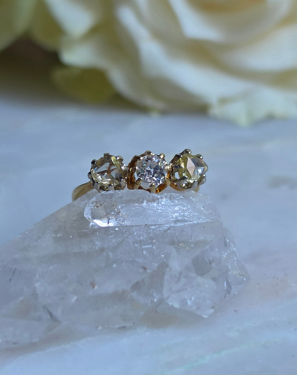 Antique Yellow Rose Cut and Old European Cut Diamond Trilogy Ring