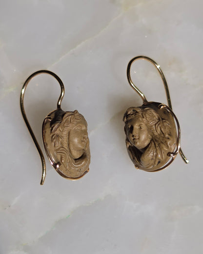 Antique Victorian Carved Lava Bacchante Cameo Earrings