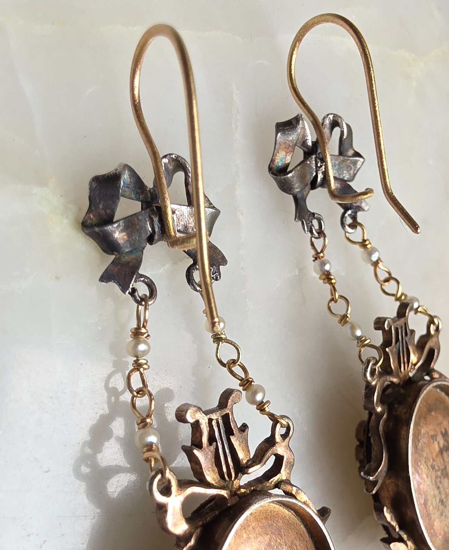 Restored Antique Georgian Louis XVI Style Seed Pearl and Grisaille Enamel Cupid Earrings