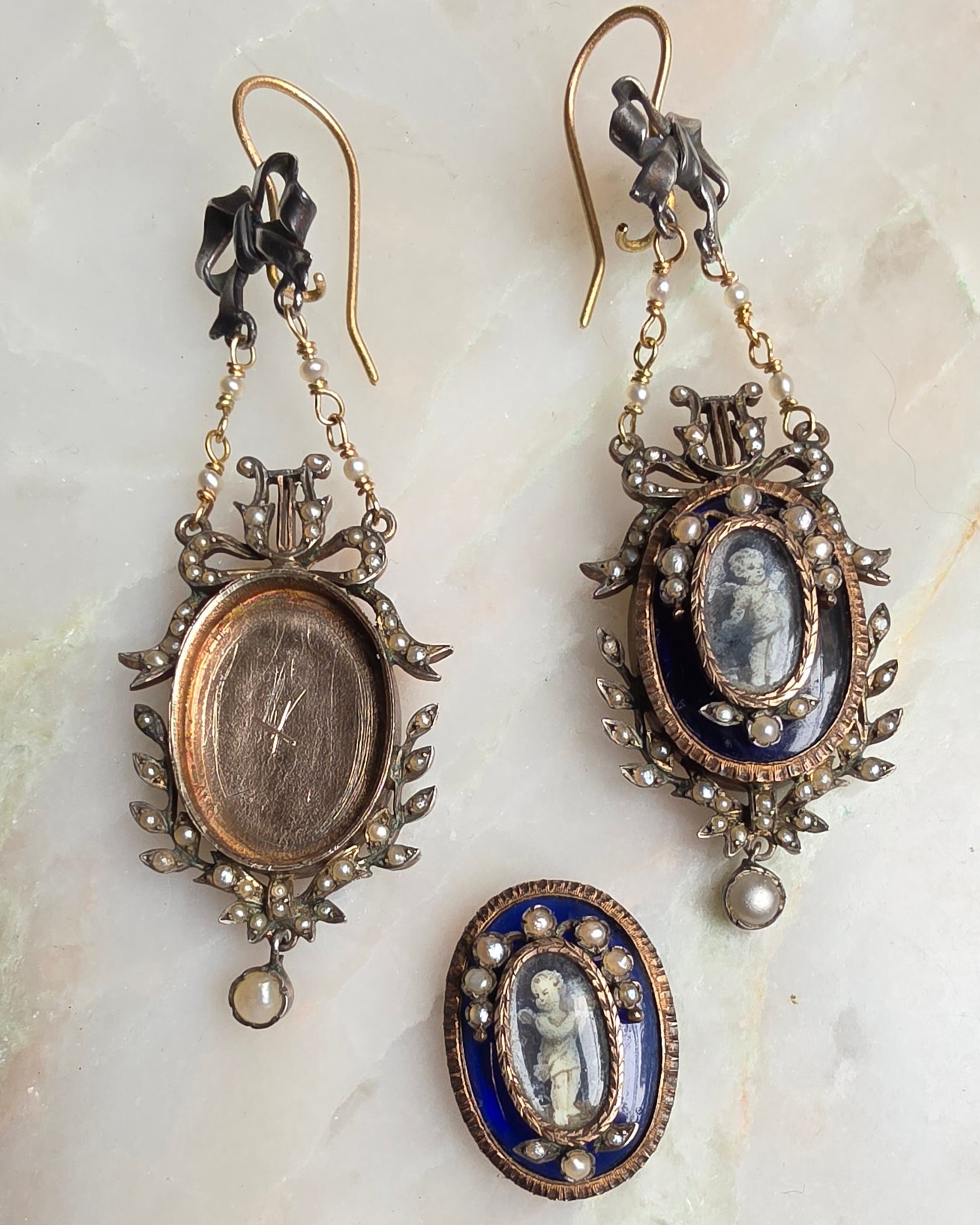 Restored Antique Georgian Louis XVI Style Seed Pearl and Grisaille Enamel Cupid Earrings