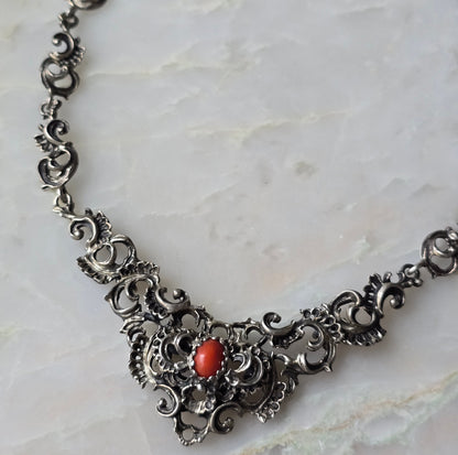 Antique Art Nouveau Austrian Silver and Coral Necklace