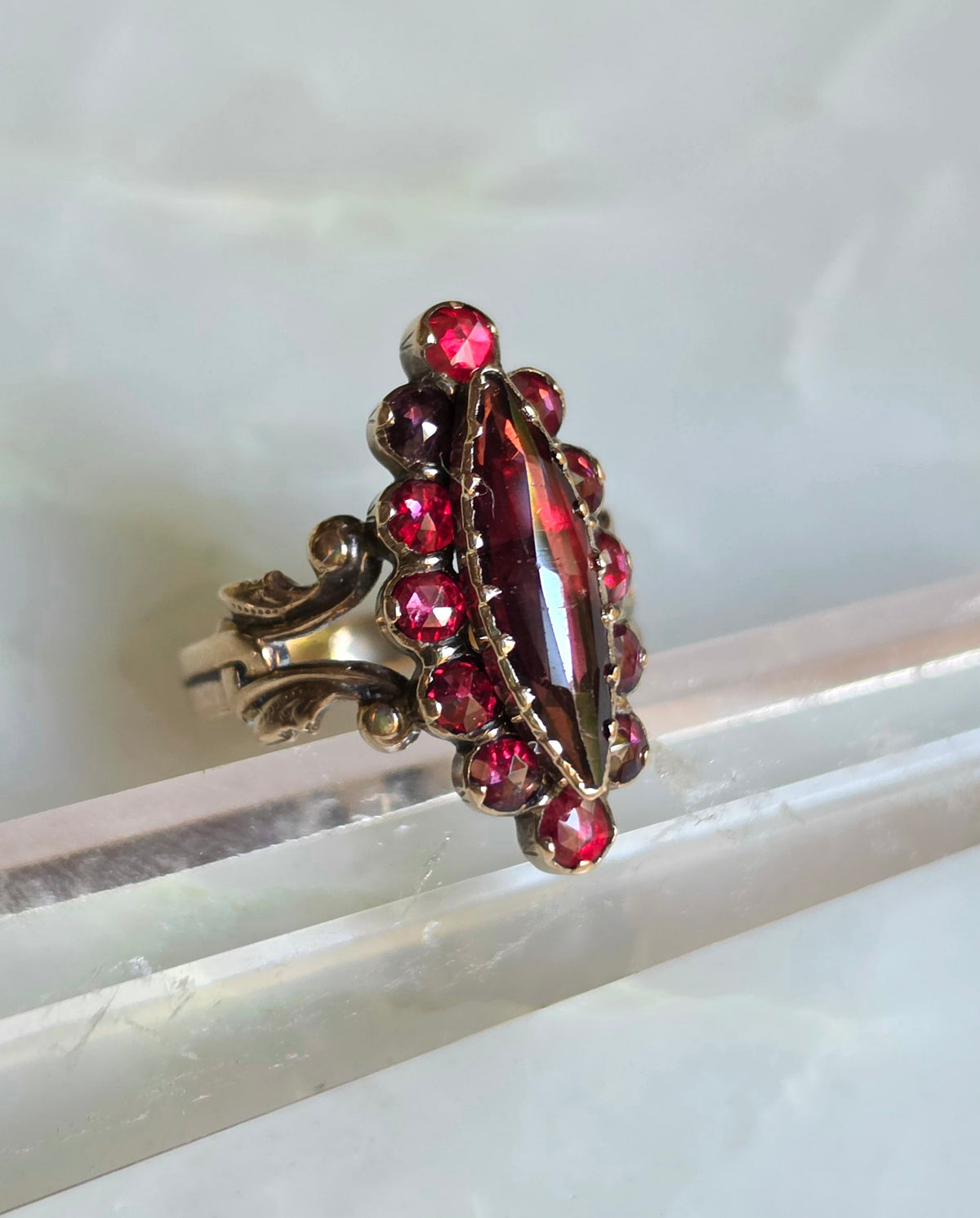 Antique 18k French Perpignan Garnet Navette Ring