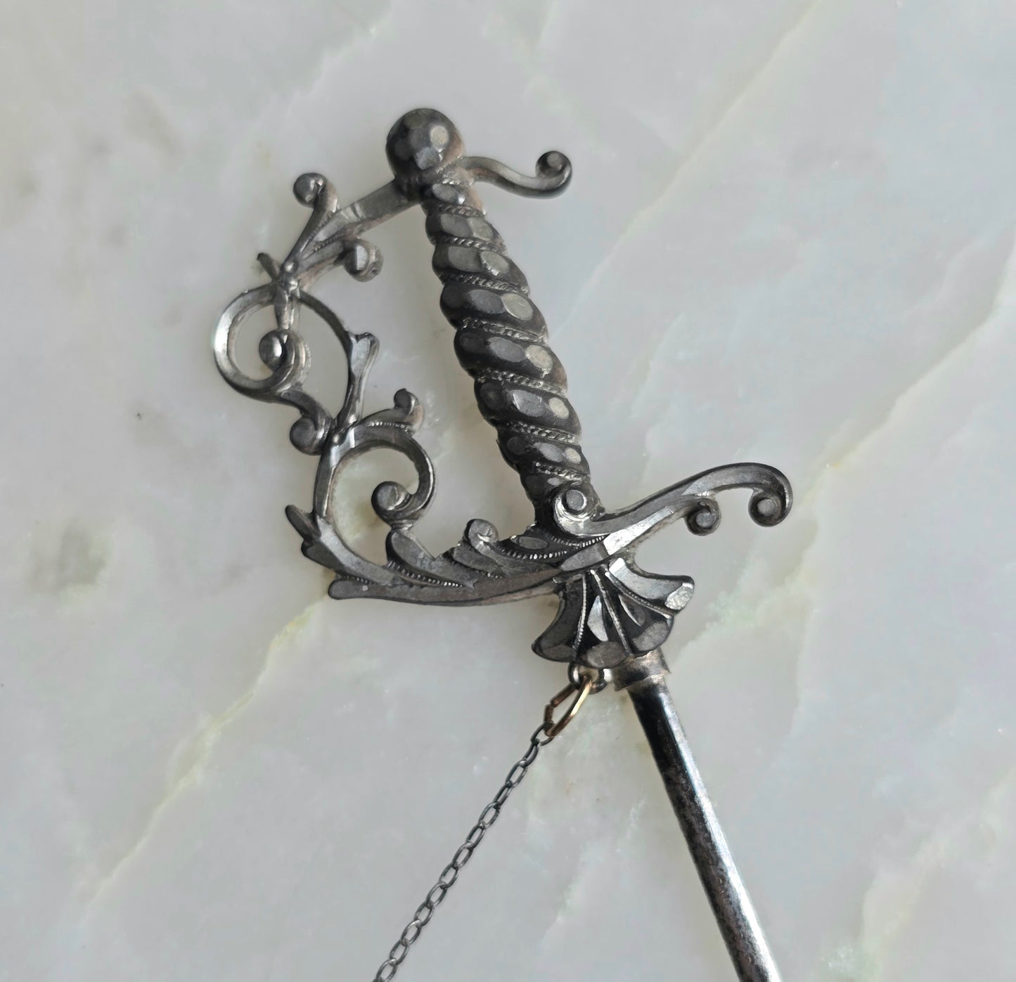 Antique Edwardian Silver Sword Jabot Pin