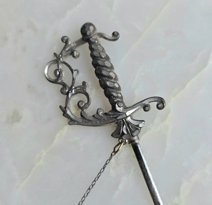 Antique Edwardian Silver Sword Jabot Pin