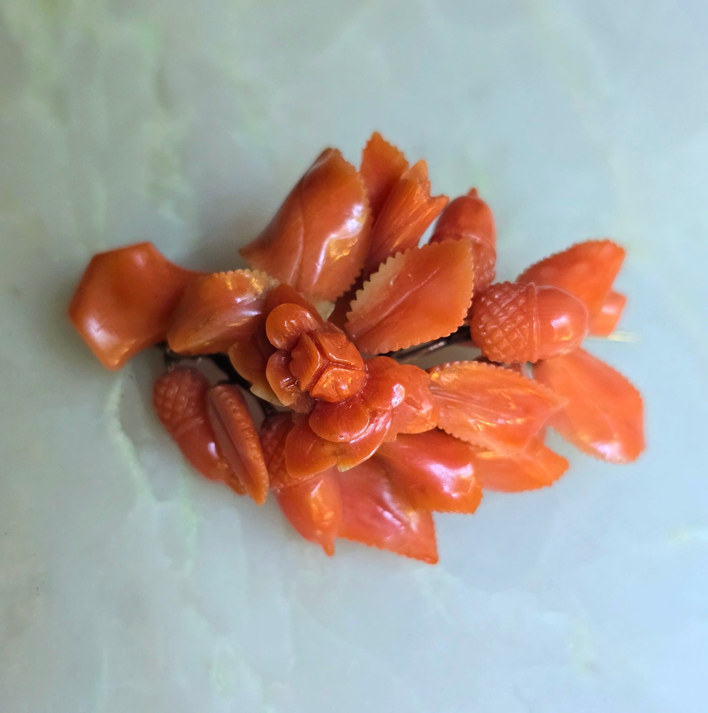 Antique Victorian Carved Mediterranean Coral Acorn, Roses and Leaves Brooch with Pendant