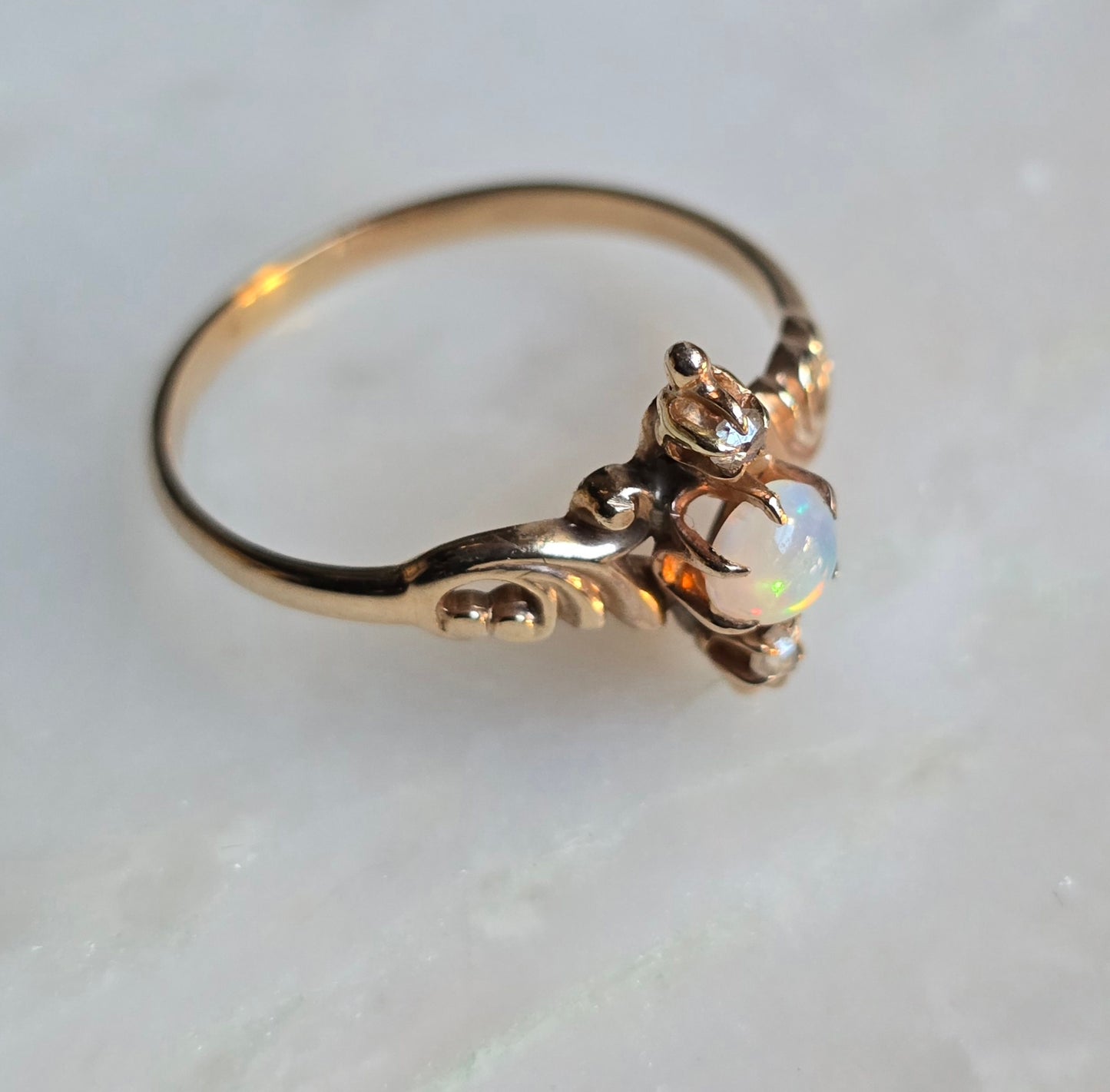 Antique Victorian 14k Rose Gold, Opal and Rose Cut Diamond Ring