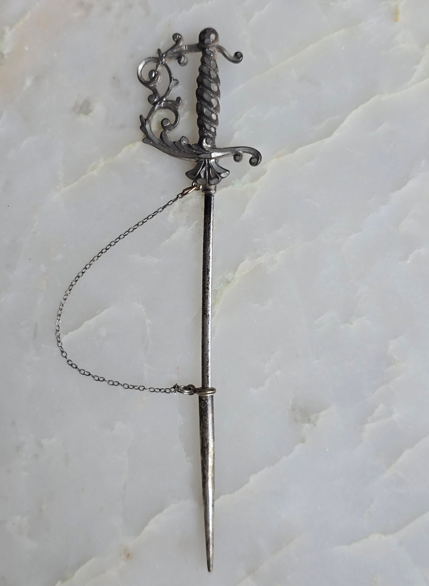 Antique Edwardian Silver Sword Jabot Pin