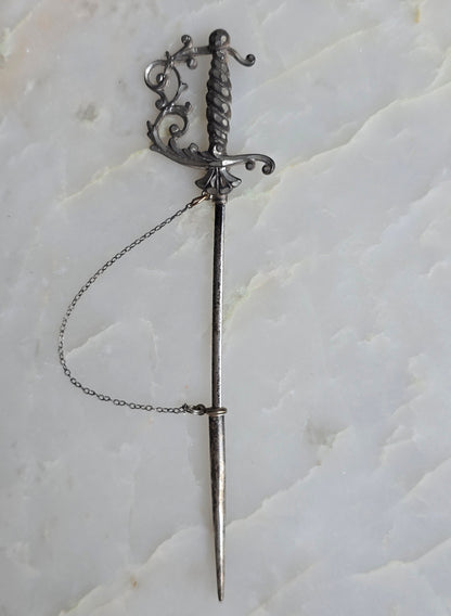 Antique Edwardian Silver Sword Jabot Pin
